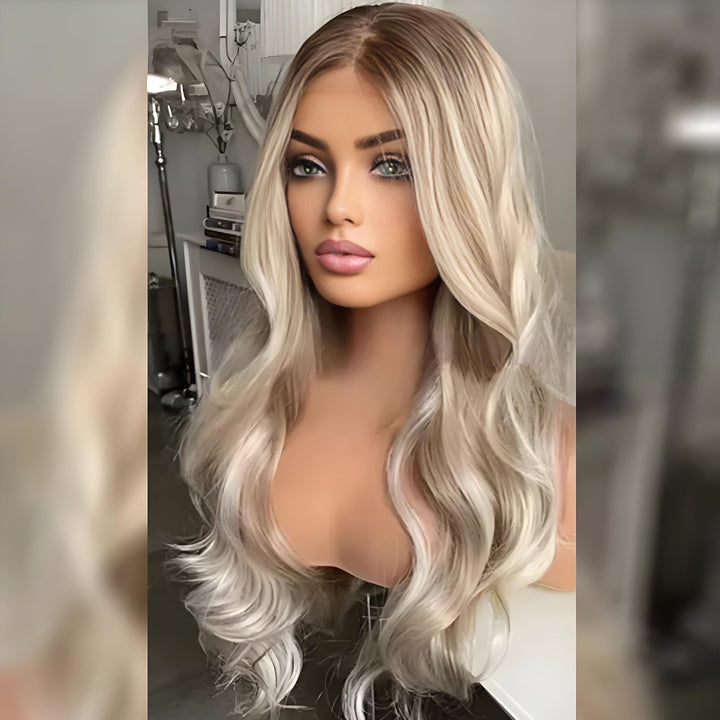 360 body wave HD lace wig showing center part and detailed hairline with blonde highlights.