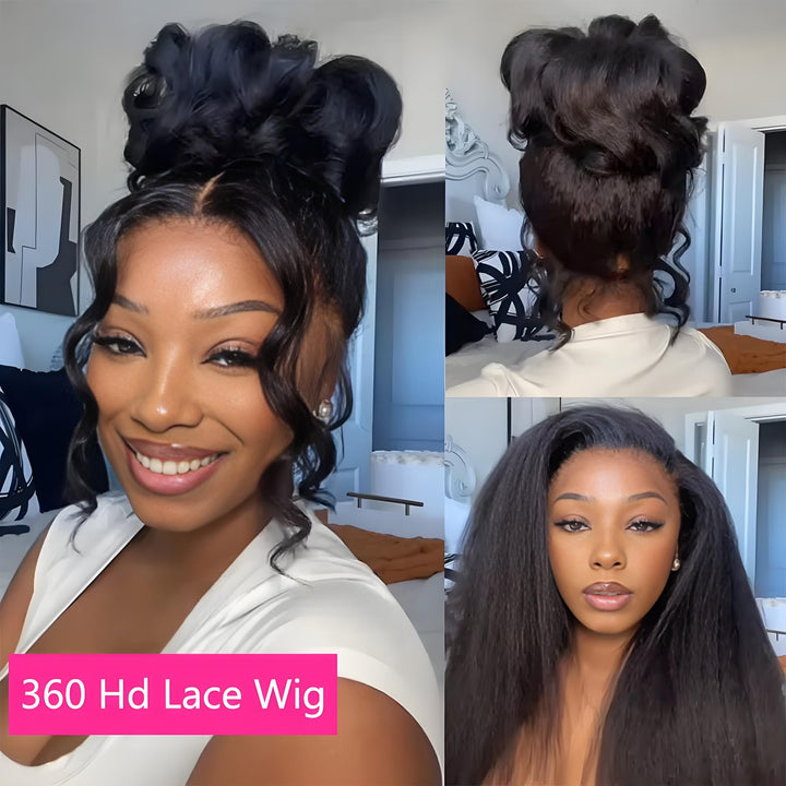 Woman wearing 360 HD lace kinky straight wig styled in an elegant bun with face-framing curls, shown from front and back views.