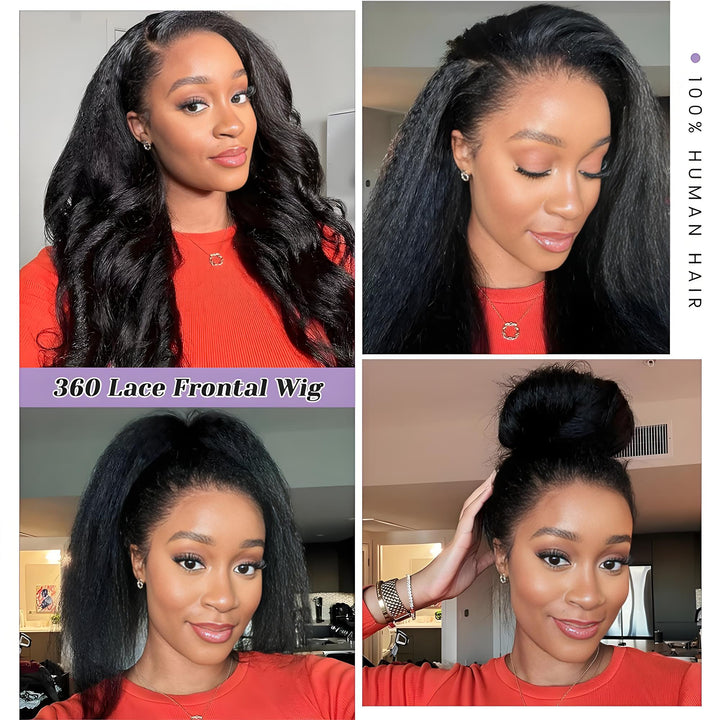 Multiple hairstyles on 360 lace frontal kinky straight wig worn by model, including top bun and loose waves.