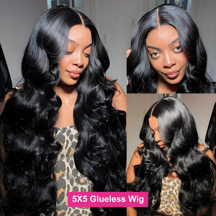 Model wearing EuxmeHair glueless 5x5 lace closure wig with middle part and voluminous body waves
