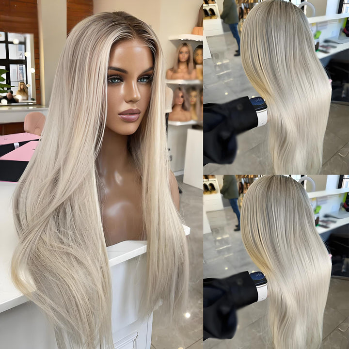 Ash blonde straight lace wig with platinum highlights, shown on a mannequin head and in side lighting to display color gradient and hair shine.