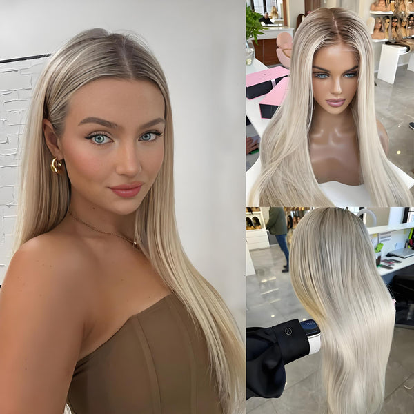 Wig model and mannequin side-by-side wearing same ash blonde lace front wig, showing hair length, texture, and color consistency.
