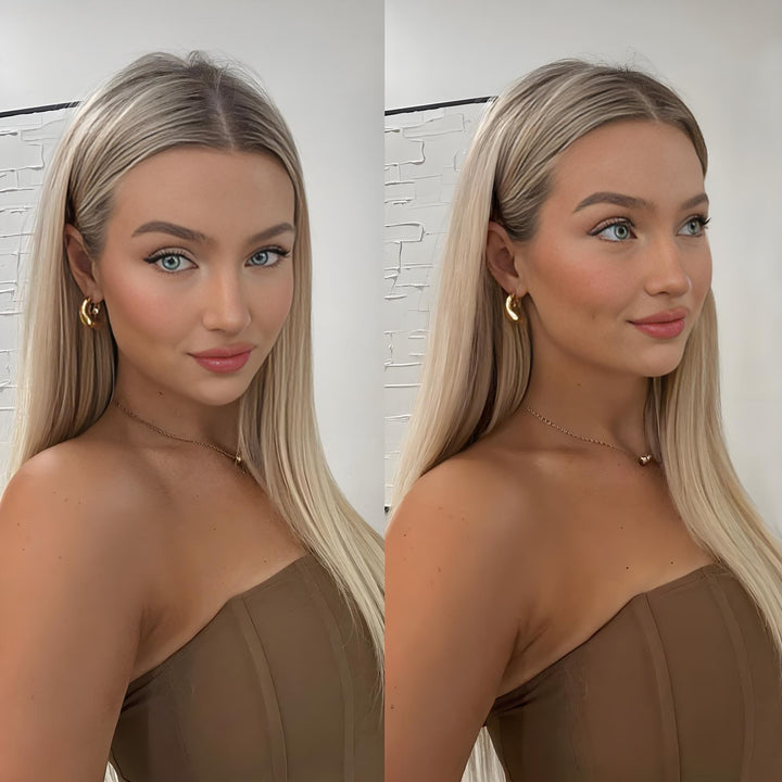 Real model wearing ash blonde straight wig with soft platinum streaks, viewed from front and angled side with natural makeup.