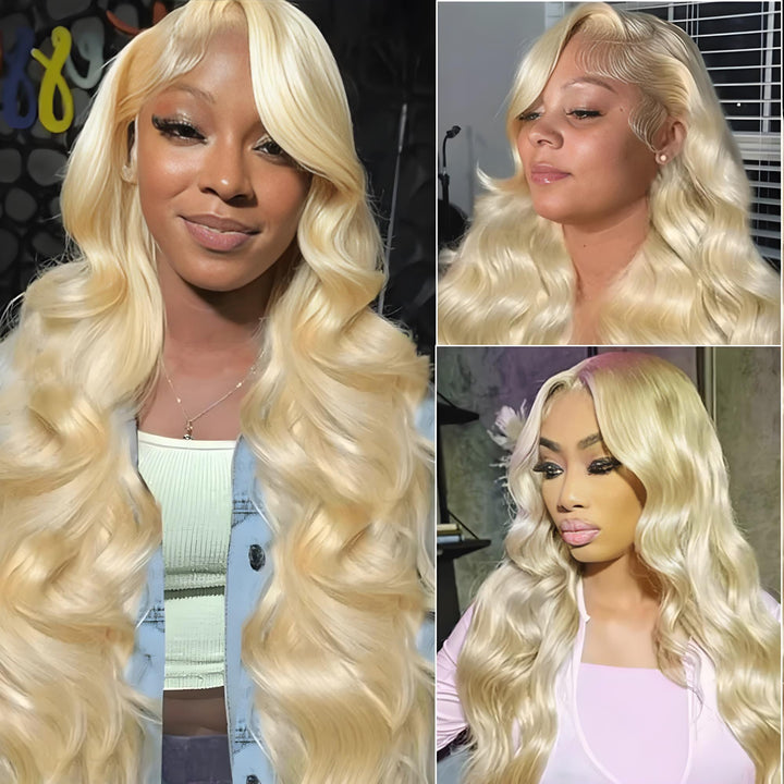 Model wearing 613 blonde body wave wig with soft curls, showcasing natural pre-plucked hairline and HD lace melt.