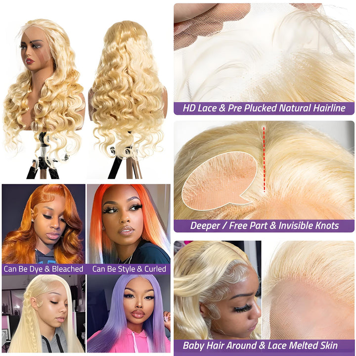Display of HD lace, invisible knots, deeper part, and multiple styling options including dyeing, curling, and straightening.