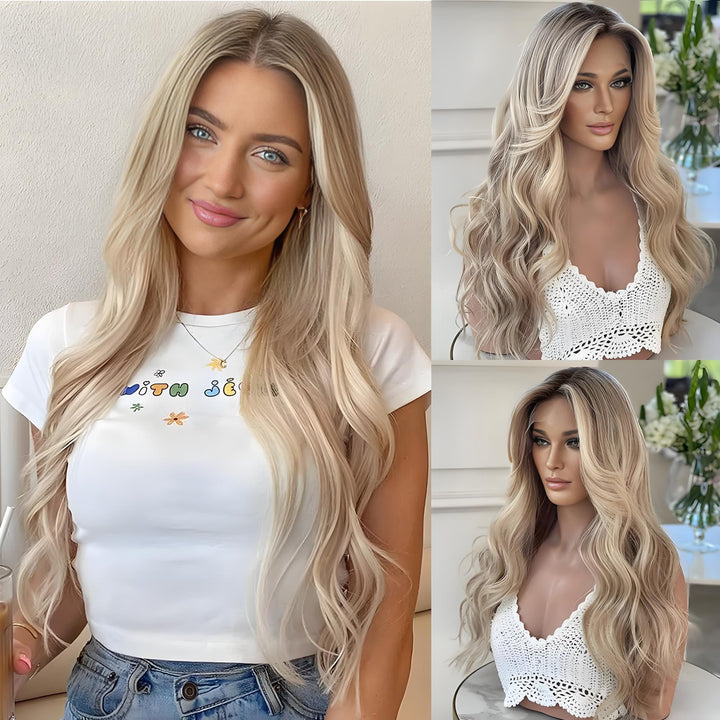 Model showcasing 360 HD lace body wave wig with soft blonde brown tones and natural waves indoors.