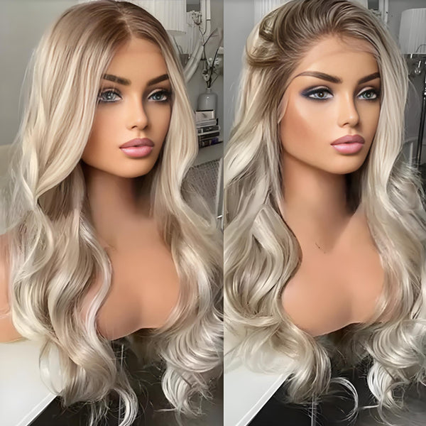Close-up side angle of body wave lace wig with blonde brown highlights on mannequin head.