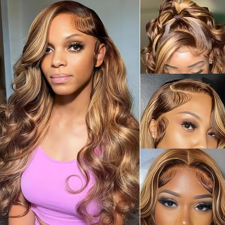 Highlighted body wave lace wig with side part, swoop baby hairs, and glamorous curls, shown in various close-ups.