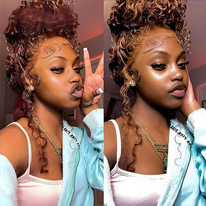 Burgundy and honey highlight curly wig styled in a loose top bun with sculpted baby hairs and playful curls.