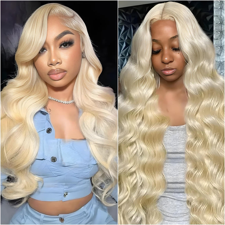Close-up of models wearing long 613 blonde body wave wig with silky texture and middle part.