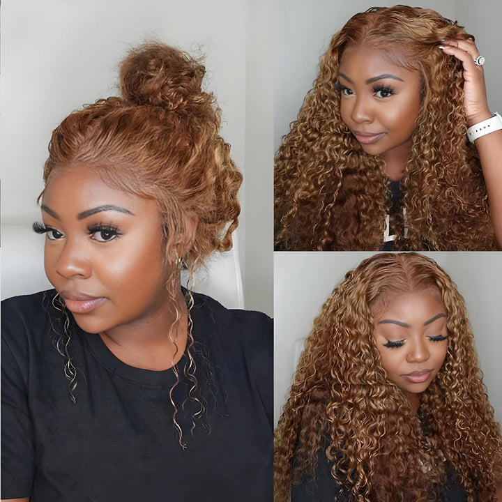 Light brown curly lace wig shown with down hairstyle and messy bun, highlighting volume and texture.