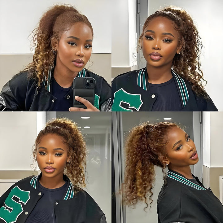 Curly lace wig in reddish brown tone styled in high ponytail, shown in different angles with glueless installation.