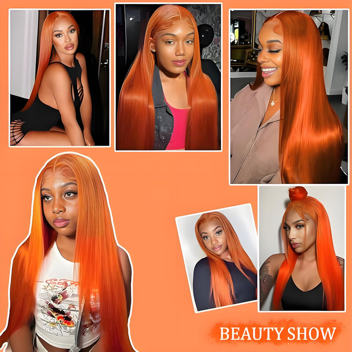 Customer showcase collage featuring EuxmeHair ginger orange straight wig in various styles