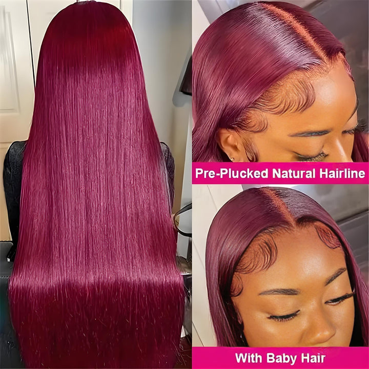 EuxmeHair 13x4 HD Lace Wig in 99J Burgundy Straight style, featuring back view, pre-plucked natural hairline, and styled baby hairs on model.