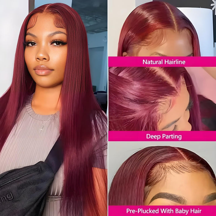 EuxmeHair 13x4 HD Lace Front Wig in 99J Burgundy Straight style, shown with deep parting, pre-plucked baby hair, and natural hairline.