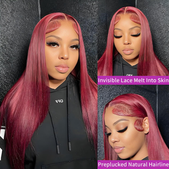 EuxmeHair 13x4 HD Lace Wig in 99J Burgundy Straight, shown with invisible lace melt, pre-plucked natural hairline, and sleek baby hairs on model.