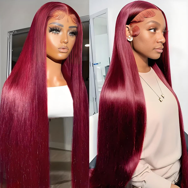 EuxmeHair 13x4 HD Lace Wig in 99J Burgundy Straight shown on mannequin and model, highlighting natural hairline, sleek baby hairs, and smooth texture.