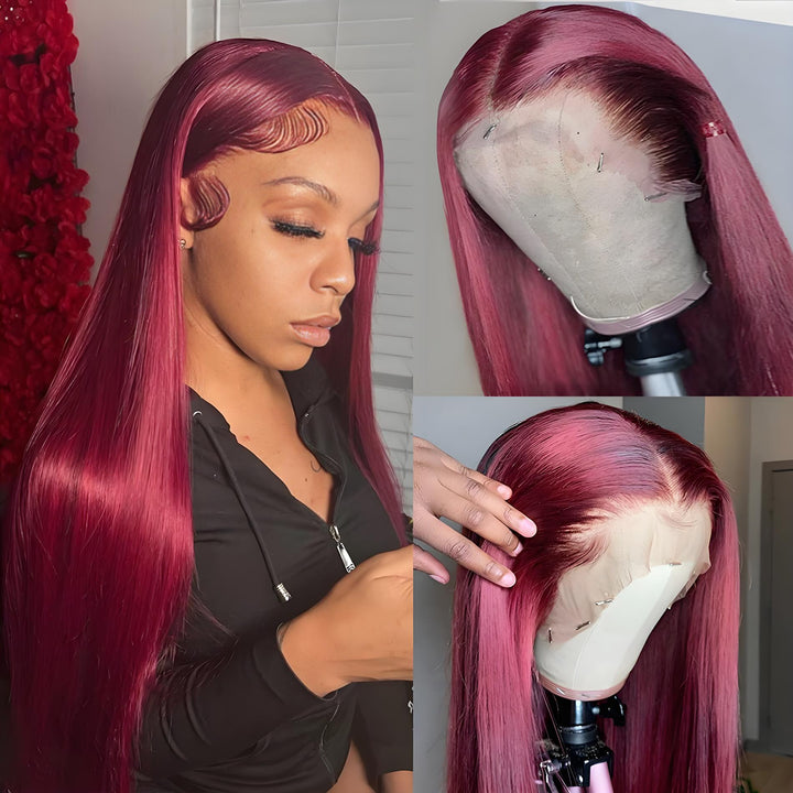 EuxmeHair 13x4 HD Lace Front Wig in 99J Burgundy Straight style, shown on model and mannequin with natural hairline and lace detail.