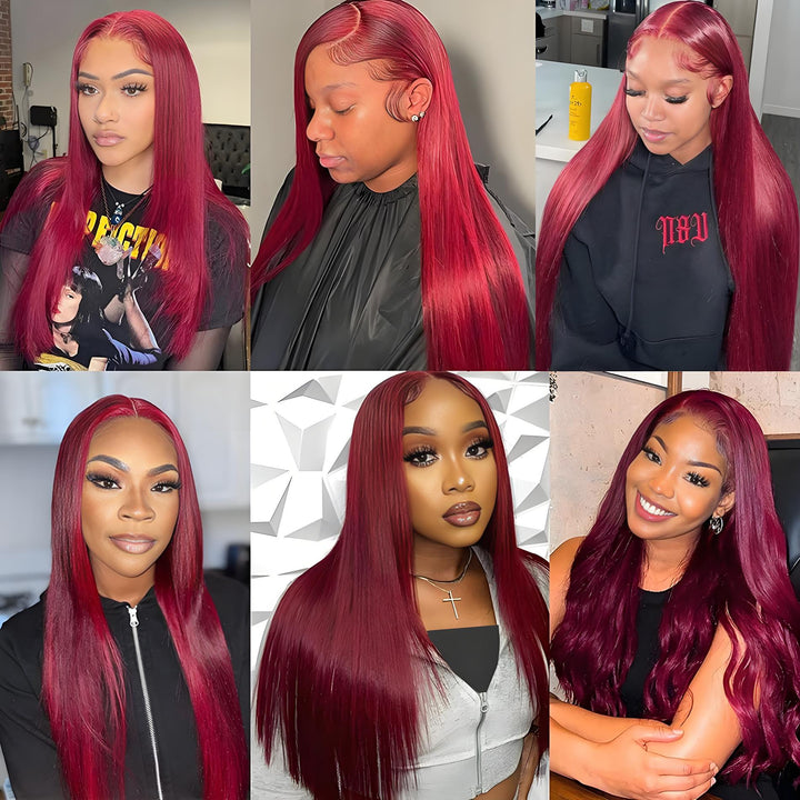 EuxmeHair 13x4 HD Lace Front Wig in 99J Burgundy Straight style shown on multiple models, highlighting natural hairline and styling versatility.