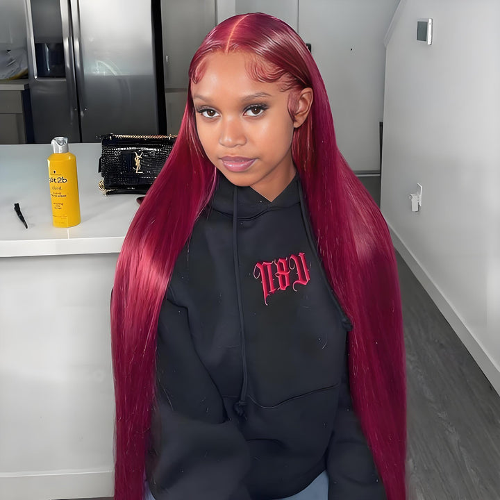 Model wearing EuxmeHair 13x4 HD Lace Front Wig in 99J Burgundy Straight style, showing natural hairline and sleek glueless finish.