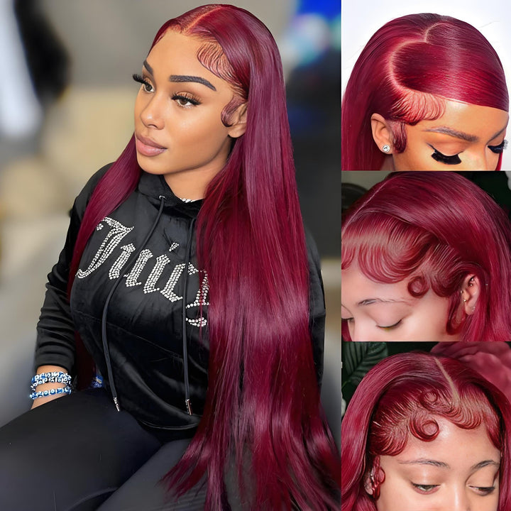 Model wearing EuxmeHair 13x4 HD Lace Front Wig in 99J Burgundy Straight style with pre-plucked hairline and styled baby hairs.