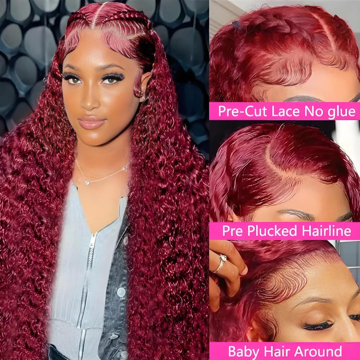 EuxmeHair 13x6 HD Lace Wig with 99J Burgundy deep wave texture, pre-cut lace, pre-plucked hairline, and baby hair around for a glueless natural look.
