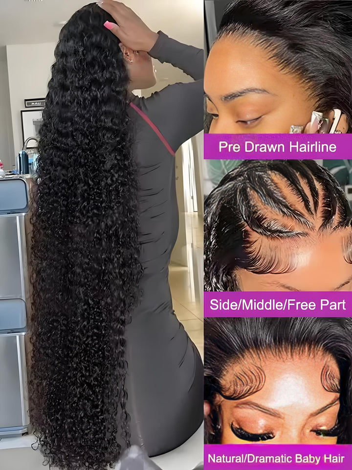 Detailed view of EuxmeHair 13x6 HD lace wig with free/middle/side parting, pre-drawn hairline and natural baby hair.
