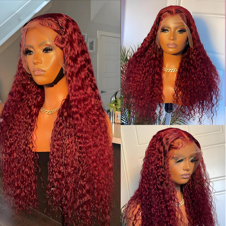 EuxmeHair 13x6 HD Burgundy Lace Wig displayed on mannequin, showing pre-plucked hairline and natural density from different angles.
