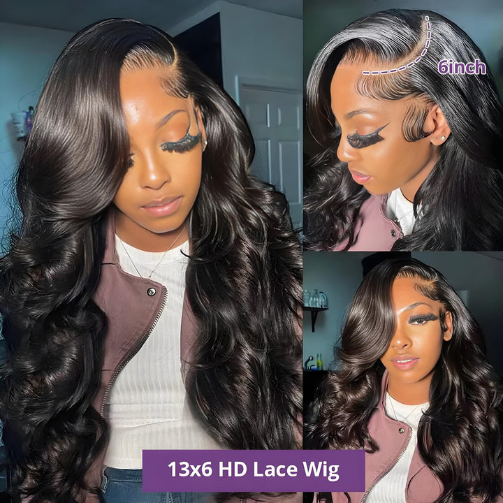 Model wearing 13x6 HD lace body wave wig with deep parting, natural edges, and sleek curls.