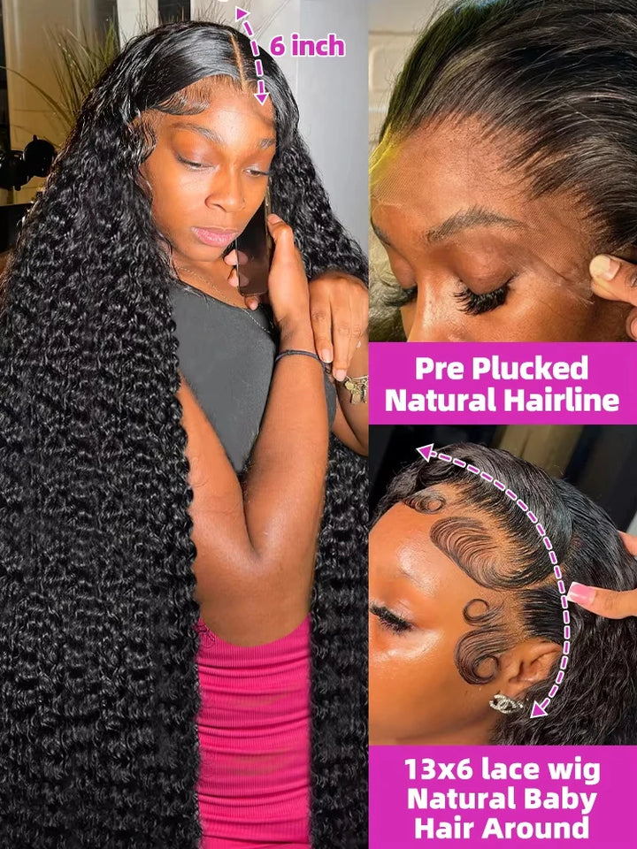 Close-up of 13x6 HD lace deep wave wig with pre-plucked natural hairline and baby hair, worn by model with middle part styling.