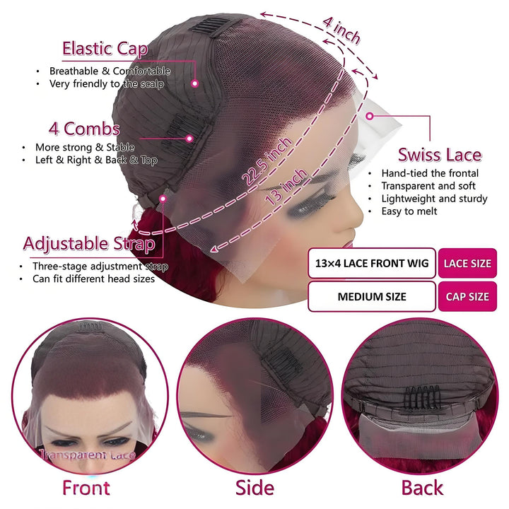 Cap structure and lace size guide of EuxmeHair 13x6 HD Lace Frontal Wig, showing Swiss lace, combs, adjustable strap, and breathable cap.