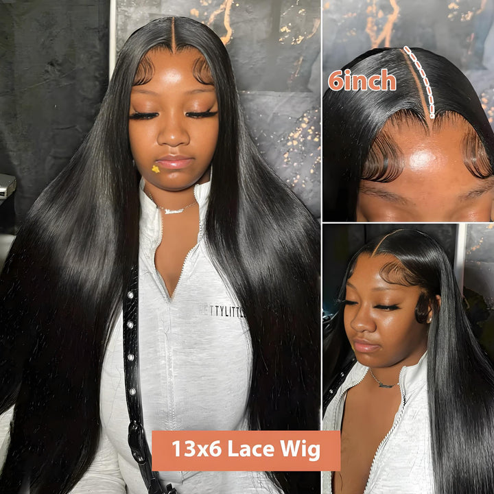 Model showcasing 13x6 lace wig with deep middle part and frontal view, emphasizing lace space and natural finish.