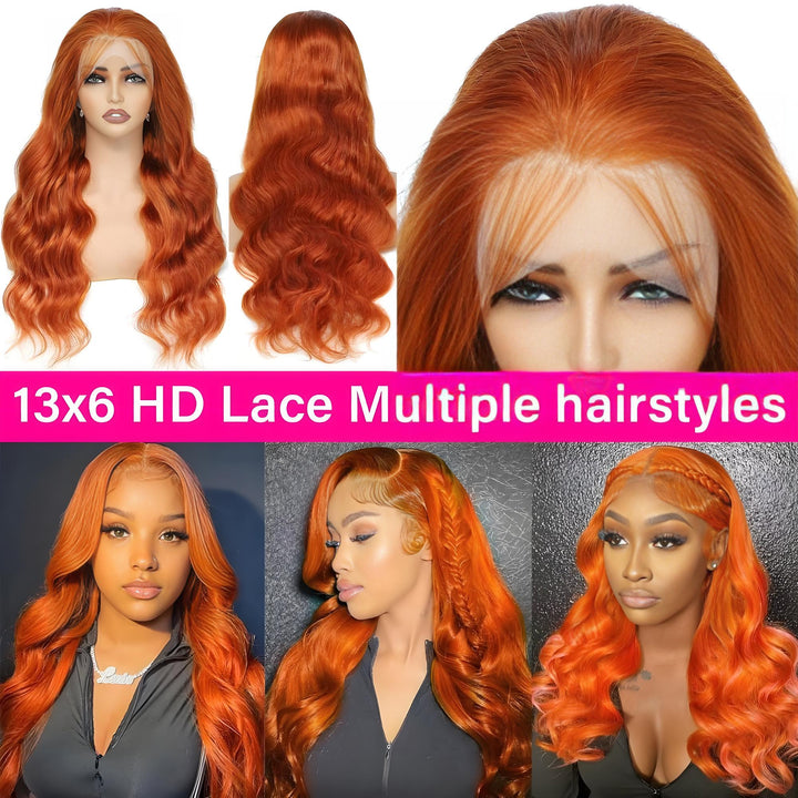 EuxmeHair 13x6 HD Lace Body Wave Wig in Orange Ginger, showing cap construction, natural hairline, and multiple styles.