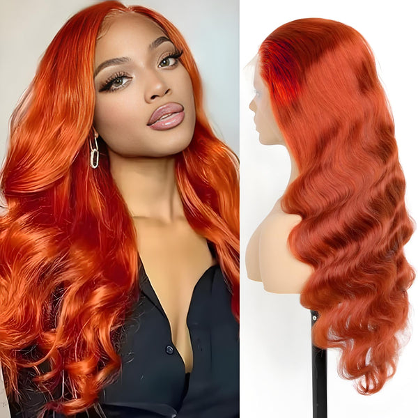 EuxmeHair 13x6 HD Lace Wig in Orange Ginger shown on model and mannequin, highlighting color vibrance and wave texture.
