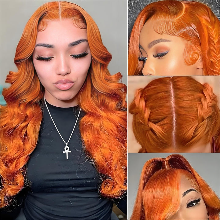 Styled EuxmeHair Orange Ginger HD Lace Wig with braids, ponytail, and baby hair, highlighting lace parting versatility.