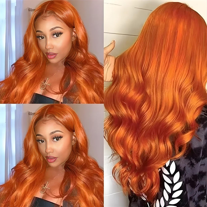 Orange Ginger Body Wave Wig shown from side and back, showcasing rich color blend and flowing wave pattern.