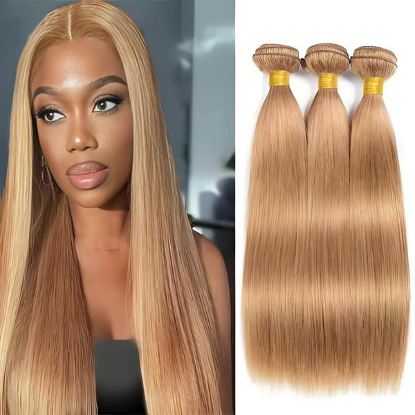Front view of model wearing honey blonde #27 straight bundles, alongside three displayed hair bundles.