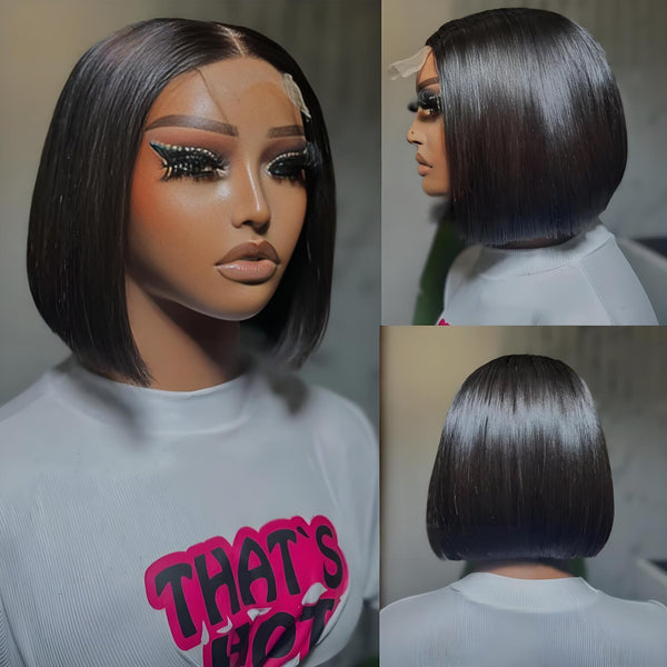 Glueless wear demonstration of 2×6 Bob lace closure wig in straight natural color, shown from multiple side views on mannequin.