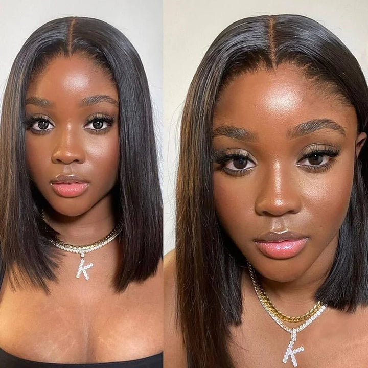 Model wearing 2×6 Bob lace closure wig in natural color with straight texture, showing middle part and sleek natural finish from the front view.