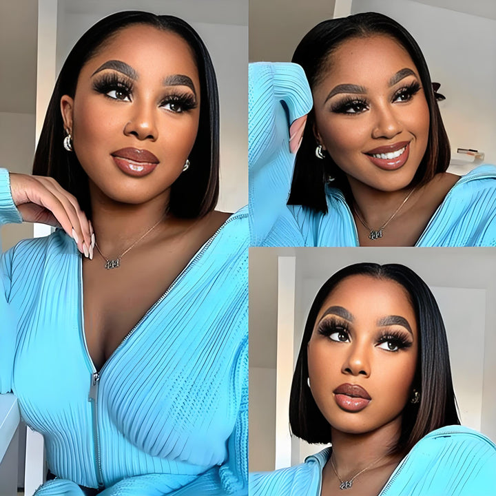 Quad photo layout of model wearing straight 2×6 Bob lace closure wig in natural color, showing various face angles and sleek styling.