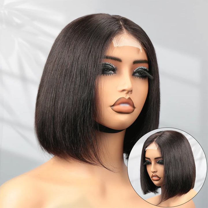Side angle view of natural color 2×6 Bob straight lace closure wig displayed on mannequin, showing lace parting and even cut.