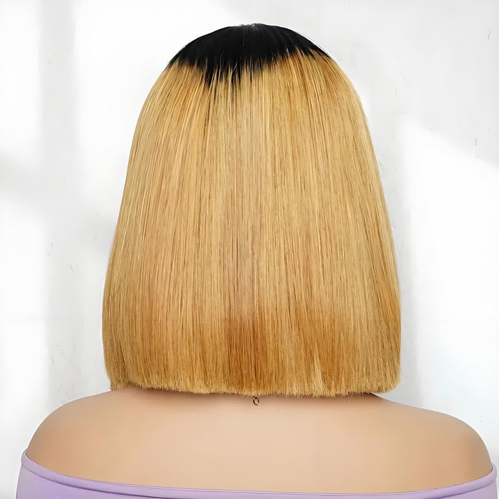 Back view of 2×6 Bob lace closure wig straight, ombre off black to auburn brown, highlighting blunt cut bob shape and gradient color.