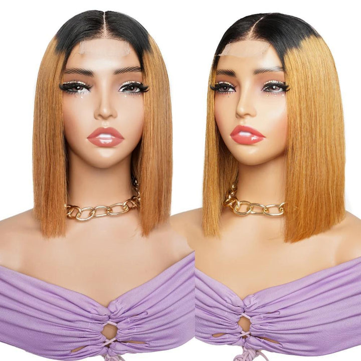 Dual mannequin display of 2×6 Bob lace closure wig straight, ombre off black to auburn brown, showing front and side angle.