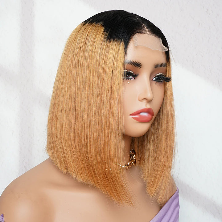 Angled front view of 2×6 Bob lace closure wig straight, ombre off black to medium auburn brown, showing sleek cut and lace hairline.