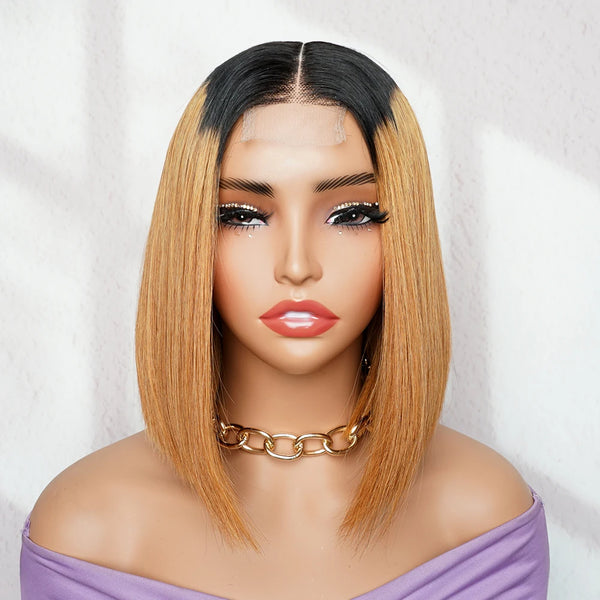 Front mannequin display of 2×6 Bob lace closure wig straight, ombre off black to medium auburn brown, with sleek middle part.