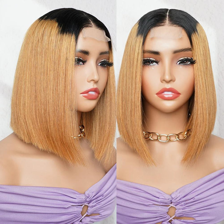 Mannequin display of 2×6 Bob lace closure wig straight, ombre off black to auburn brown, showing both center-parted front views.