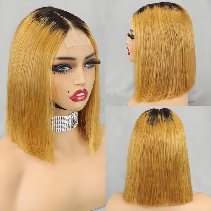 Multiple angles of 2×6 Bob lace closure wig straight, ombre off black to auburn brown, including side profile and back view.