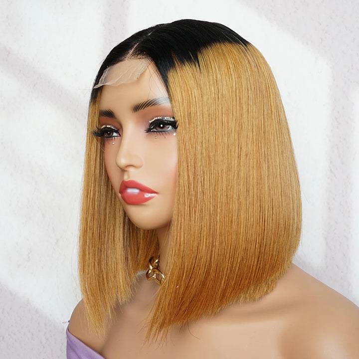 Side mannequin display of 2×6 Bob lace closure wig straight, ombre off black to medium auburn brown, showing smooth gradient and sleek finish.