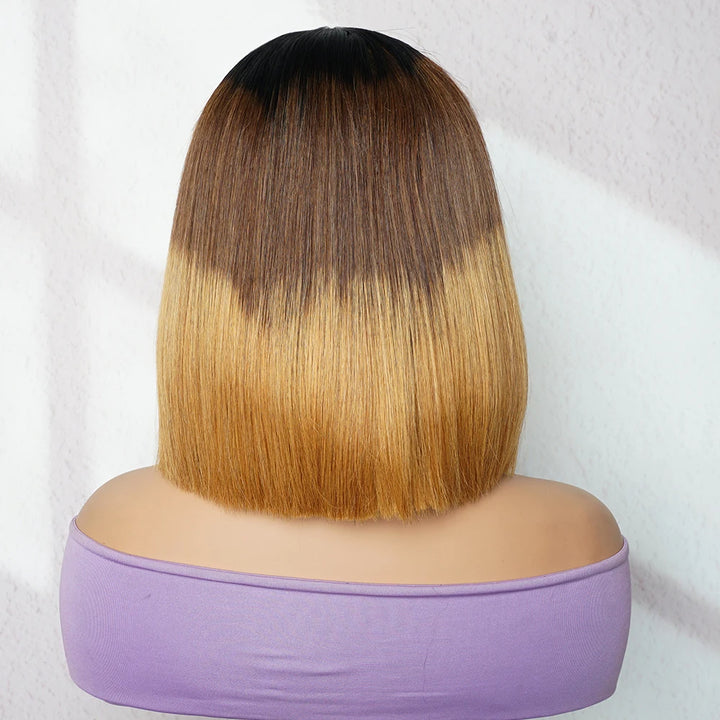 Back view of 2×6 Bob lace closure wig, sleek straight cut in ombre off black transitioning to medium brown and copper brown ends.