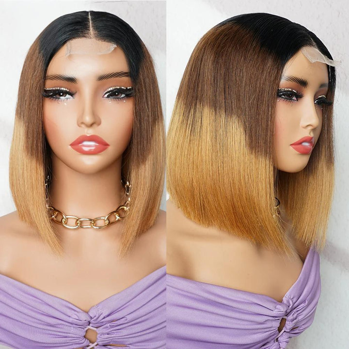 Front and angled side view of 2×6 Bob lace closure wig, ombre off black to brown and copper brown, showing natural lace part and smooth texture.